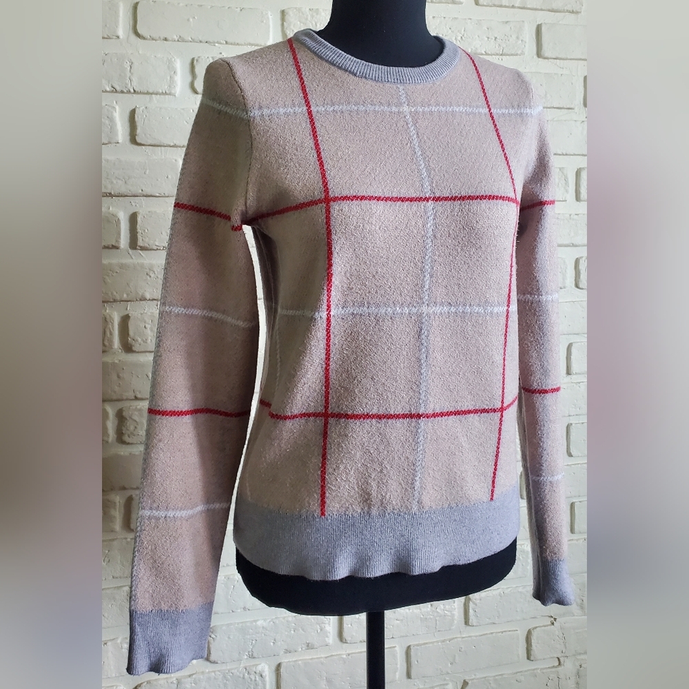 Tahari Windowpane Plaid Grid Crewneck Sweater Neutral Tan White Gray Red Small